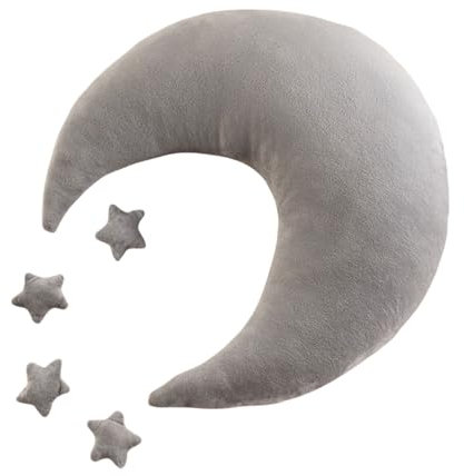 AQCQDQ Kuschelkissen Kinder Mondkissen, Weiche Flauschige Mond Kissen Mit 4 Stück Sternen für Mädchen und Jungen,Plüsch Kissen Dekokissen für Kinderzimmer Schlafzimmer Deko (Grau)