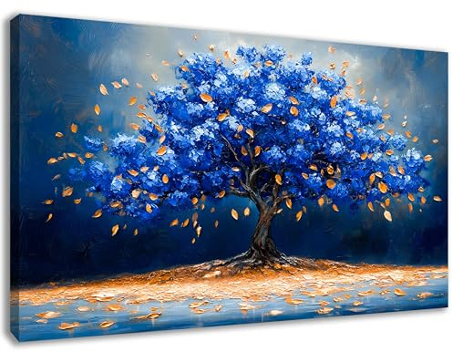 Wandbild Abstrakte kunst, Leinwandbild Bilder für Wohnzimmer kunst Blau Gold - Blütenbaum fertig zum aufhängen