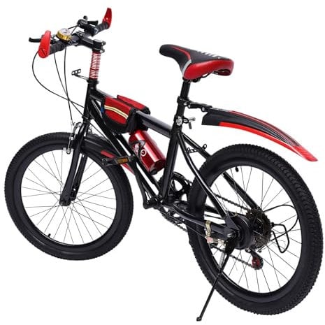 Babeenoo Vélo Tout Terrain 20 Pouces 7 Vitesses VéLo De Montagne Jeune VéLo avec Support Bouilloire VéLo Tout Terrain pour Enfants avec Dérailleur VTT Réglable Rouge