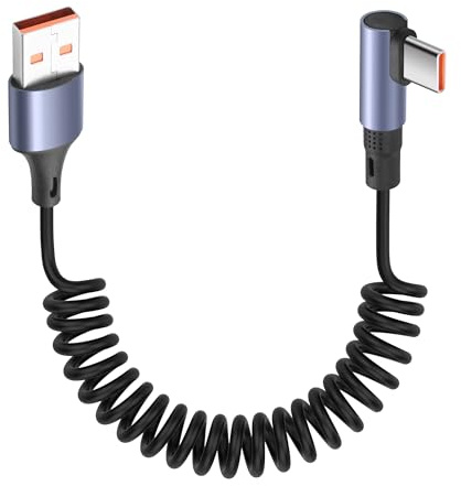 Câble spiralé USB YACSEJAO A vers USB C 90° - 3,2 FT 6 A/65 W - Charge rapide et transfert de données - Câble court rétractable pour téléphone, PC, Android Auto