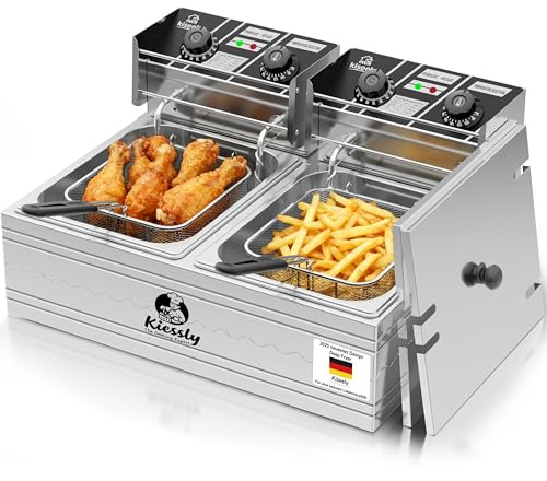 20 l elektrische Fritteuse, 3500W gewerbliche Fritteuse mit Körben und Deckeln, Küchenfritteuse aus Edelstahl mit zwei Tanks und Zeit- und Temperaturregelung für Pommes, Donuts (Doppelfritteuse 20L)
