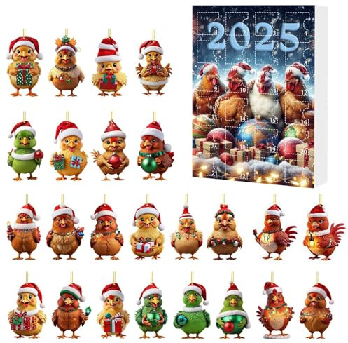 2025 Weihnachten Adventskalender Huhn mit Nikolausmützen, Huhn Countdown Kalender Weihnachtsbaum Dekoration, 24 Tage Weihnachten Adventskalender 2D Hängende Ornament für Kinder Teens Xmas Geschenke (B