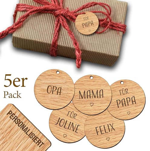 5 Stk personalisierte Geschenkanhänger aus Holz mit Gravur - edle Tags aus Echtholz für Geschenke Weihnachten-Geburtstag - Anhänger mit Name - RUND