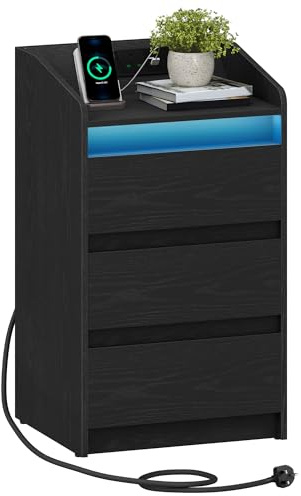 Hzuaneri Bedside Table with 3 Drawers, Charging Station and LED, Black | Bedside Cabinet, Side Table, 2 AC and 2 USB Ports, Nightstand for Bedroom, Living Room, End table, NS40004XUK