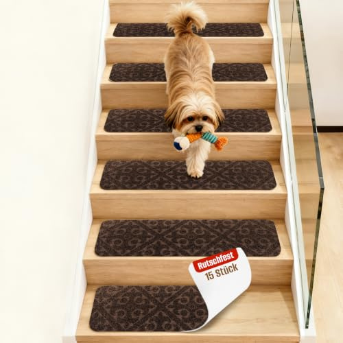 Stufenmatten Selbstklebend, Anti-Rutsch Treppen Teppich, 15 Stück Treppenstufen Matten, 76x20 cm Treppenschutzmatten für Innen, Ideal für Kinder, Senioren und Haustiere(Quadratische Blume-Braun)