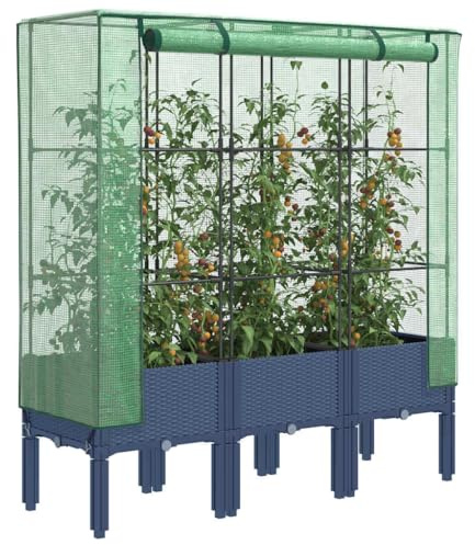 QJBSAVVA Hochbeet mit Gewächshaus-Aufsatz 120x40x140 cm, Rattan-Optik, Robustes PP und Eisen, wasserdichtes PE-Frühbeet, Belüftungsreißverschlüsse, für Garten, Balkon und Terrasse
