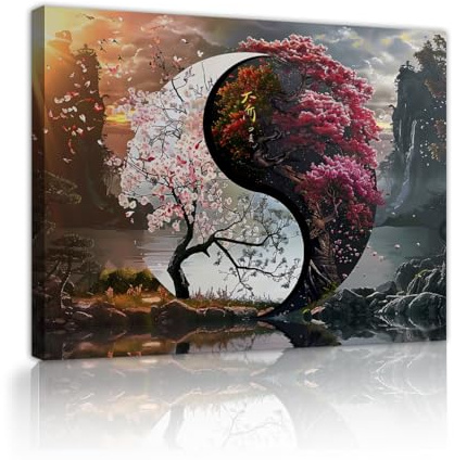 Via Vela Yin-Yang-Leinwand Wandkunst Romantische Landschaftskunst Drucke Kirschblüten-Poster Gemälde orientalisches Baum-Wandgemälde für Wohnzimmerwohnkultur 80x100cm