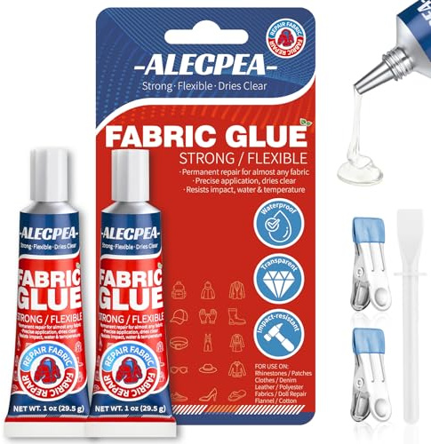 ALECPEA Permanent Fabric Glue Washable, 2-Pack Liquid Stitch for Clothing, Professional Gel Adhesive for Patches, Rhinestones & DIY Crafts, Includes 2 Clips & 1 Stirring Stick, 29.5g x 2