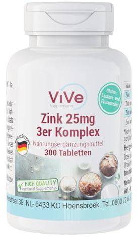 Zink 25mg 3-komplex – 300 tabletter – 25mg zink per tablett – högdoserad – biotillgänglig – kvalitet från Tyskland – ViVe Supplements