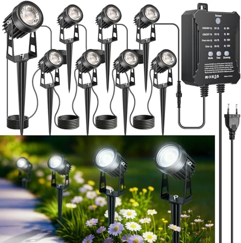 LightingWill Gartenstrahler LED Außen Wasserdicht mit Erdspieß, Gartenbeleuchtung mit Dämmerungssensor & Timer, 8er Set, 5000K-6000K Kaltweiß, IP65 Gartenspots für Garten, Weg, Terrasse, Einfahrt