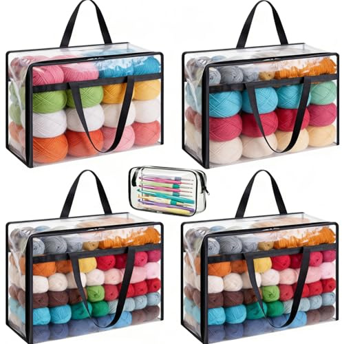 DOUBFIVSY 4 Stück Garn Aufbewahrungs Organizer + Häkeltasche, 46 x 38 x 23cm Groß Transparenter Tragbare Garnaufbewahrung, Staubdichte Wolle Aufbewahrung, Stricktasche mit Doppelreißverschluss & Griff