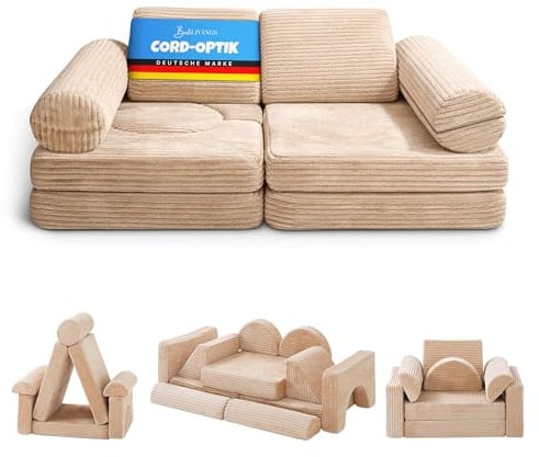 Bestlivings Divano da gioco per bambini, 11 pezzi, rivestimento (beige) in corda di flanella, divano da gioco modulare per la costruzione creativa nella cameretta dei bambini, indeformabile ed