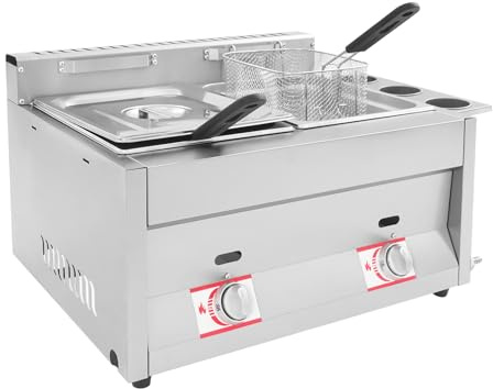 Freidora de gas comercial de 10 L + 10 L, doble tanque, de acero inoxidable, con 2 cestas y tapa, temperatura ajustable para restaurantes, salones de comida, cocina casera, snack bar