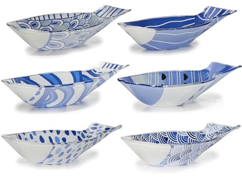 Set 6 Ciotole a Forma di Pesce in Vetro Decorato Piatti Portata Mare Assortiti Blu e Bianco Lunghezza 21,5 cm, per una tavola marina Ideali per Antipasti Aperitivi e Finger Food Professionali.