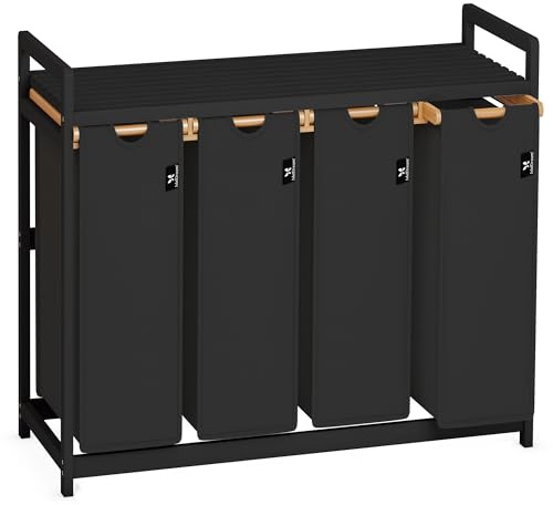 AdelDream Wäschekorb 200L, 4 Fächer Wäschesammler mit Ablage, Bambusrahmen | Wäschesortierer mit 4 x 50L Fächer,ausziehbar abnehmbar,Ablage bis 60 kg,Farbe Schwarz & Schwarz