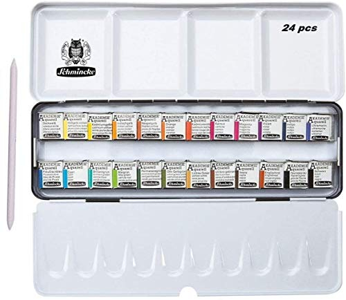 Schmincke – Akademie Aquarell Farbkasten, Vollsortiment 24 x 1/2 Näpfchen + Estompen Papierwischer