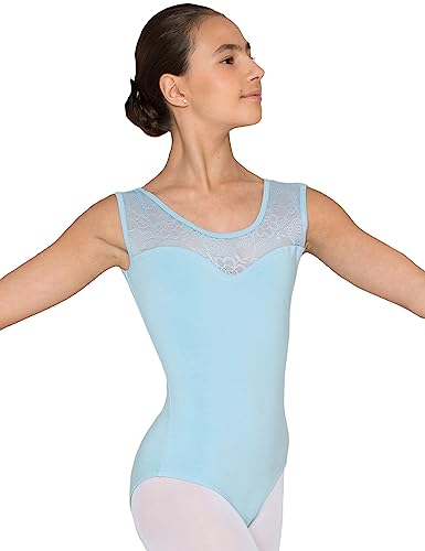 tanzmuster ® Ballettanzug Mädchen ärmellos - Cora - aus weichem Baumwollmaterial mit Spitzeneinsatz vorn Trikot Ballettbody fürs Kinder Ballett in hellblau, Größe:164/170