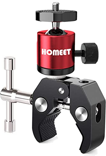 Homeet Super Clamp Stands Magic Arm Metal with Ball Head 1/4” & 3/8” Screw Thread Camera Rig Friction Arm Ballhead Mount Flash Bracket (Clamp + Red Ball Head)