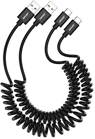 JianHan Coiled USB C Cable for Car 1.5m 2 Pack USB Type C Spiral Cable for Samsung Galaxy S20 S10 S10e S9 Plus S8 Note 10 9 8 A5 (2017) A7 A8 A20 A70 LG Google HTC Moto,Black