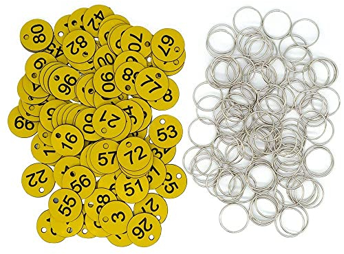 Étiquettes d'identification en plastique avec porte-clés (jaune, 1 à 100)