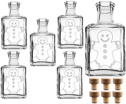 gouveo 6er Set 250 ml Glasflaschen Cube mit Gravur Lebkuchenmann und Korken (HGK) - Leere Flaschen für Weihnachten - Kleine Flaschen zum Verschenken