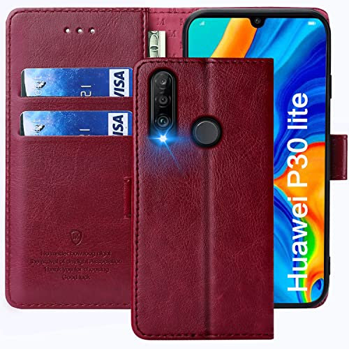 FMPCUON Cover per Huawei P30 Lite,Cover in Pelle Huawei P30 Lite,Flip Wallet Case Custodia in Pelle PU Premium,con Magnetica a Scatto per Huawei P30 Lite,Rosso