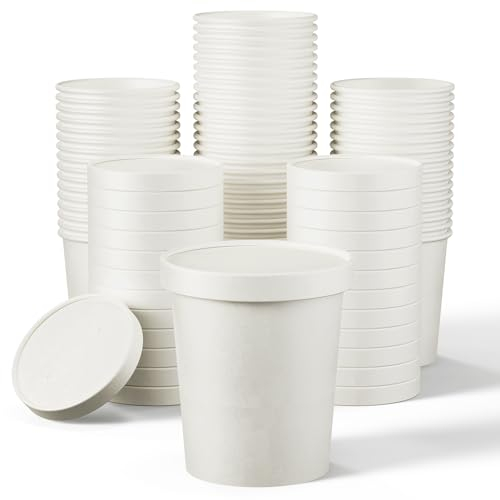 50pack 16oz Paper Soup Containers with Lids,Disposable Paper Food Cups, White Ice Cream Bowls, Paper food Storage with Vented Lids, for Restaurants, To-Go Lunch