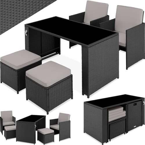 TecTake® Conjunto Jardín Exterior de Ratán y Acero, Muebles Jardín Exterior Resistente a la Intemperie, 2 Sillones Plegables, 2 Taburetes, 1 Mesa con Cristal, con Cojines y Abrebotellas - Negro/Gris