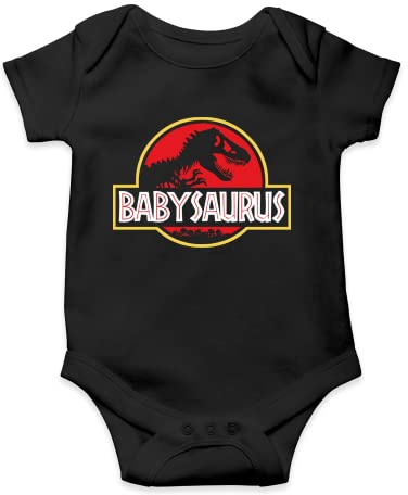 SMARTYPANTS Babysaurus Babygrow - Black Baby Suit Vest Grow Romper Bodysuit Jurassic Film Movie Cinema Classic Retro Dinosaur T-Rex Cute Newborn Matching Gift Present