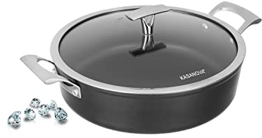 KASANOVA Poêle Antiadhésive 27 cm Black Diamond, poêle compatible induction avec revêtement antiadhésif de haute qualité, fabriquée en acier inoxydable, elle est utilisable au four jusqu'à 250 °C