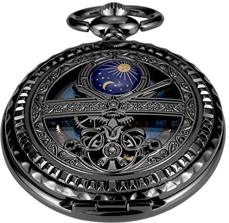 Tiong Mechanische Taschenuhr mit römischen Ziffernblatt, Mond-Sonne-Muster, Skelett, mechanische Taschenuhren mit Gehäuse und Kette für Herren, Mpw121-uk