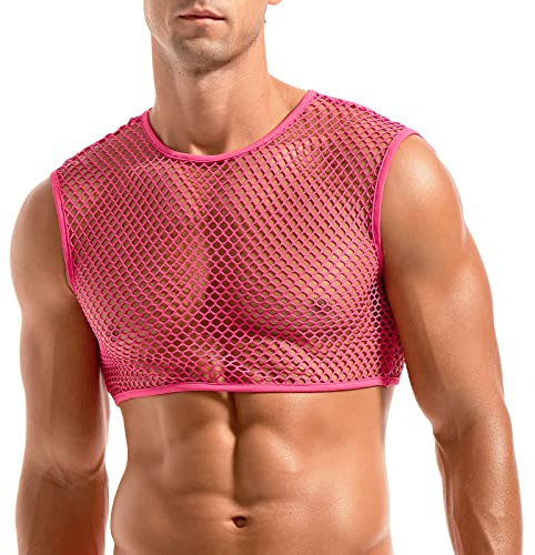 Amy Coulee Men's Fishnet Crop Top Sexy Mesh Vest See Through Sleeveless Shirts Muscle Tank Top Novelty Party Clubwear (Pink, S)