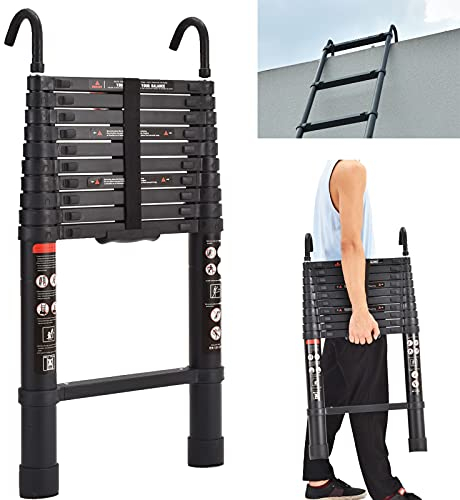 3.2M Telescopic Ladder with Detachable Hook Aluminum Ladder Heavy Duty Extendable Ladder Multi Purpose Ladder 330lbs Capacity EN131 Safety Approved