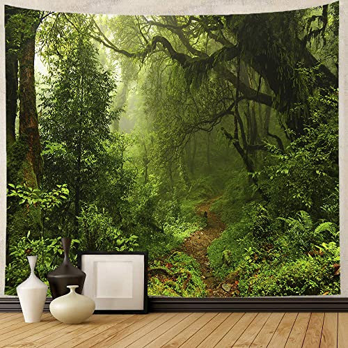 Forest Wall Tapestry Large Green Tree White Misty Nature Scenery Tapestry Wall Hanging Plants Path Psychedelic Landscape Tapestry for Bedroom Dorm Living Room Home Wall Art Decor (150x200cm,59X79)