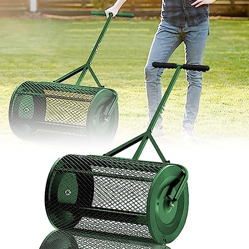 LXURY Kompoststreuer Gartenstreuer Mit Metallnetzkorb Und T Griff Multifunktion Torfmoosstreuer Roller Saatgutstreuer Für Garten Rasen Kompost Dünger Saat Torf,Grün,32×60cm