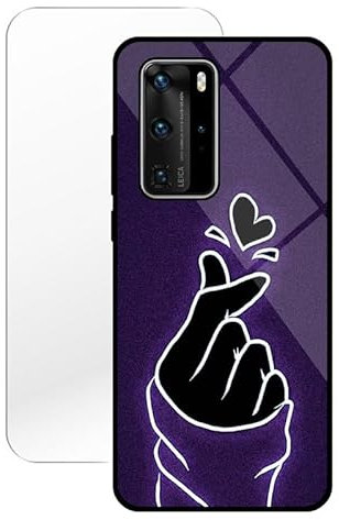 KARTXITAI Hülle Kompatibel mit Huawei P40 Pro,Stoßfest Hybrid Schutzhülle [TPU Silikon Bumper+Glas Rückseite] mit Lila Herz Motiv Handyhülle Cover+Glas Displayschutz