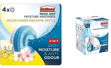 Unibond AERO 360° Moisture Absorber Wildflower Meadow Refill Tab, (4 x 450g) UniBond AERO 360 Compact Moisture Absorber, Ultra-Absorbent Dehumidifier 1 Device incl. 1 Refill Tab 450g