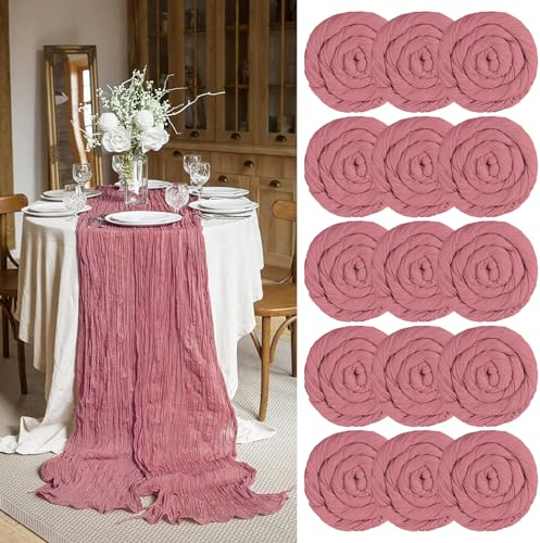 Käsetuch Tischläufer 15 Stück Staubige Rose Seihtuch Tischläufer Dunkelrosa Transluzent Tüll Tischdecke 55x400cm, Rustikaler Gaze-Stoff Boho-Tischläufer für Hochzeitsfeier Brautparty Tischdekoration