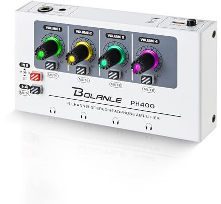 Bolanle PH400 Amplificador de auriculares de 4 canales con 8 puertos de salida, conectores de 3,5 mm y 6,35 mm, interruptor mono/estéreo, luz de respiración de 7 colores