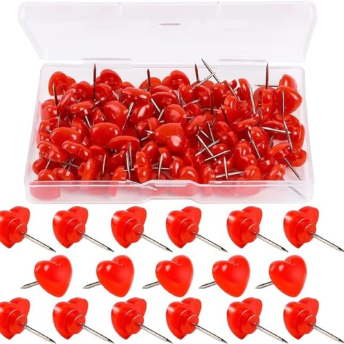 EIHI 100 Stück Herzform Push Pins, pinnadeln, anschließen, Reißnägel Flacher Kopf Pinnwandnadeln Deko mit Kunststoffbox für Wand Pinnwand Weltkarte,DIY Fotos(Rot)