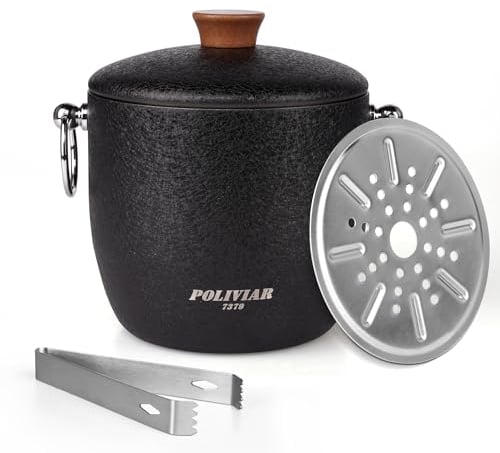 Poliviar Edelstahl Eiswürfelbehälter mit Deckel u. Zange- 2,5 Liter Doppelwandiger Eisbehälter- Eiseimer für kalte Getränke - Premium Eiskühler Perfekt für Bier, Sekt, Wein (schwarz)