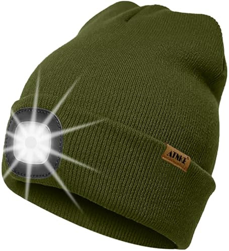 ATNKE LED Beleuchtete Mütze mit Licht,Wiederaufladbare USB 4 LED Beleuchtete Laufmütze Extrem Heller Lampe Winter Warme Stricken Mütze Technik Geschenke für Herren und Damen/Army Green