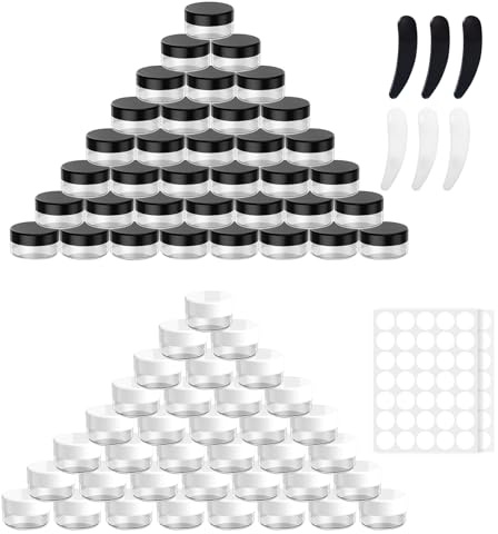 100 Pièces Pots Cosmétiques Vide 5ml/5g, Contenants Cosmétiques Plastique, Contenant Échantillon Voyage, Mini Pots Cosmétiques Noir et Blanc avec Spatule et Autocollants pour Maquillage Crème Lotions