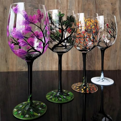 CERAVI Verres à vin d'arbre Quatre Saisons,Verres à vin colorés Peints à la Main pour Cocktails au vin,Cadeau de Pendaison de crémaillère de Mariage de Saint Valentin (Verre à Vin à Pied, Lot de 4,)