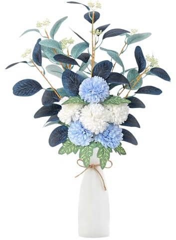 UXORSN Artificial Flowers White Blue Hydrangea Fake Flower Bouquet Silk Floral Eucalyptus Leaves Plants Flower Arrangements for Table Centerpieces Home Wedding Decor (No Vase)