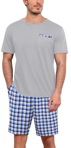 Ekouaer Ensemble Pyjamas Homme Short T-Shirt Manches Courtes Deux Pièces Confortable Costume Domicile, Gris/Carreaux, S