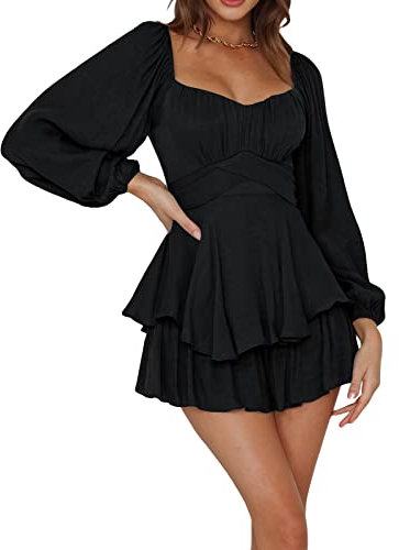 Women 's Loose Shorts Jumpsuit Solid Color Lantern Long Sleeve Square Neck Ruched Ruffled Playsuit (Black, M)
