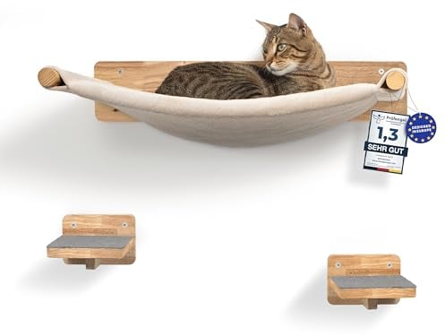 WOOWOOD® Kletterwand Katzen inkl. 2X Katzentreppe Wand [Massivholz] I Kratzbaum Wand I Hängematte Katze I Katzenwand I Wandkratzbaum I Katzenmöbel I Katzen Kletterwand