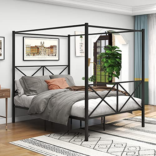 JELUTE Canopy Bed Frame King Size with Metal Headboard and Footboard Modern Style Steel Bed Platform Heavy Duty Slats Bed, Black