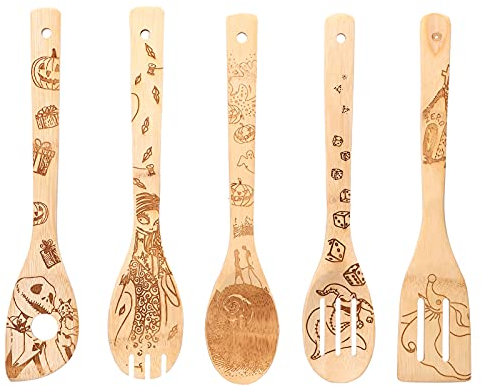 NDNCZDHC 5 Pièces Ustensiles De Cuisine En Bambou Cuillères à Spatule En Bambou Personnalisables Avec Graffiti Personnalisé Ensemble D'ustensiles De Cuisine Pour la Cuisine à Domicile